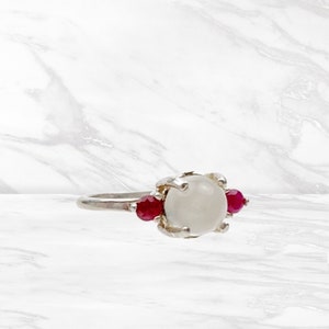 Dreamy White Moonstone and Ruby Feminine Gemstone Ring, Natural Moonstone and Ruby, June July Birthstone Ring in Silver