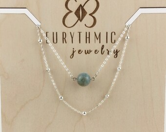 Aquamarine Layered Silver Necklace, Aquamsarine Beaded Gemstone Necklace, March Birthstone Necklace