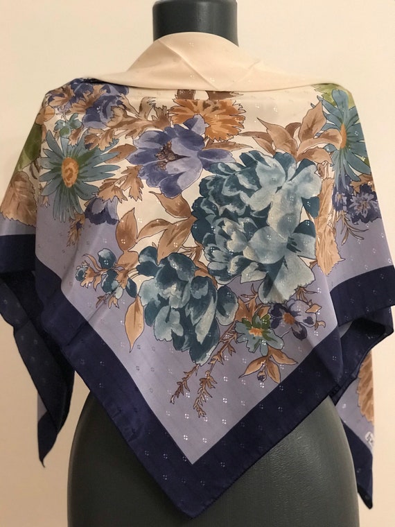 Navy silk head scarf vintage 80s,retro scarf