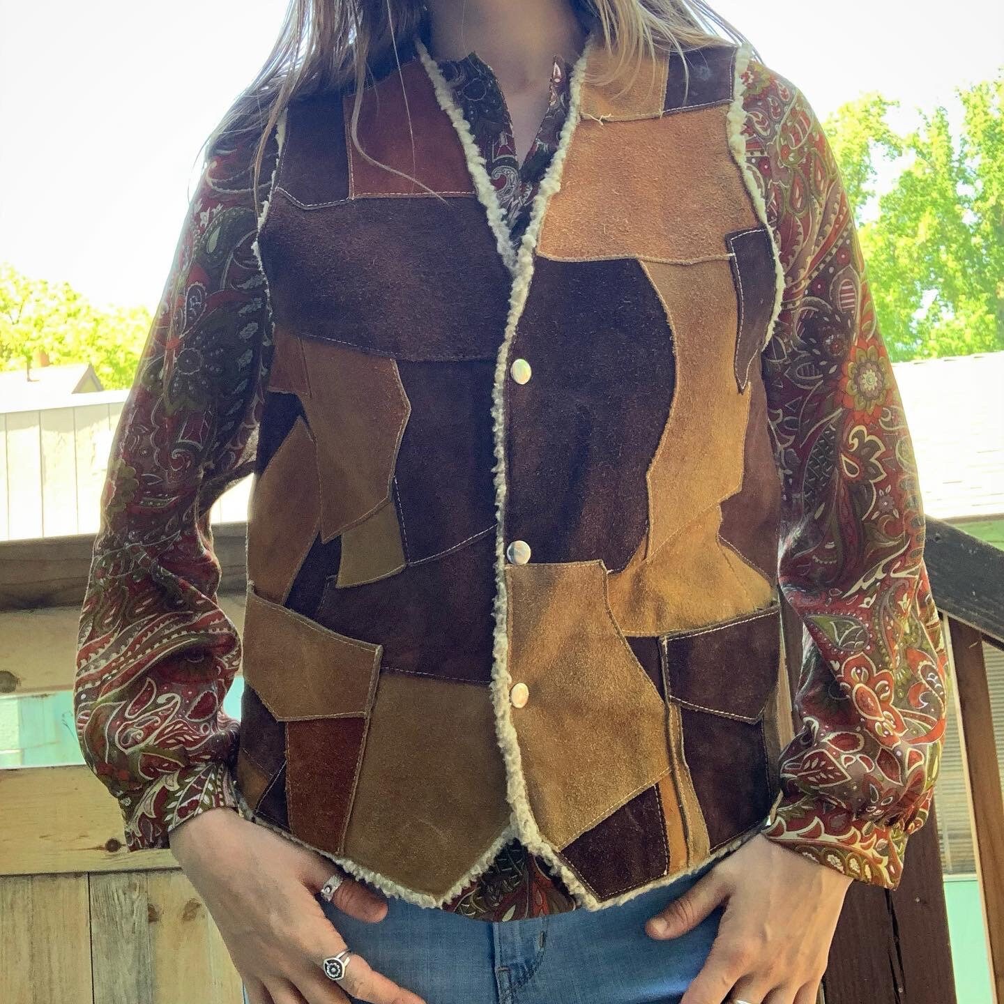 Vintage Leather Patchwork vest with sherpa inner lining Etsy