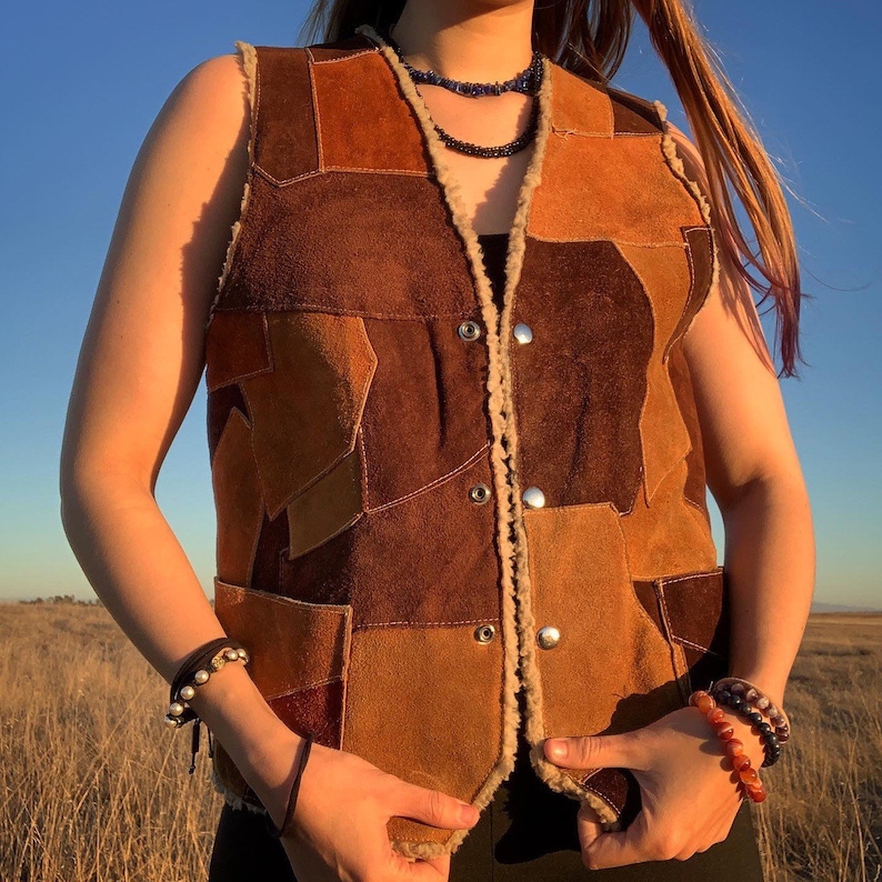 Vintage 80\u2019s Genuine Leather Patchwork Vest w Sherpa Inner Lining and 3 snap buttons made in Mexico