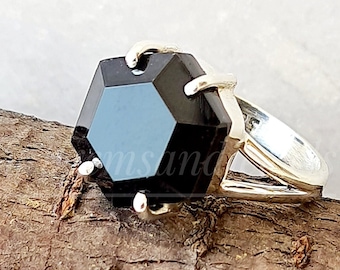 Naturlig svart onyx 925 sterlingsilver handgjord hexagonformad ring smycke