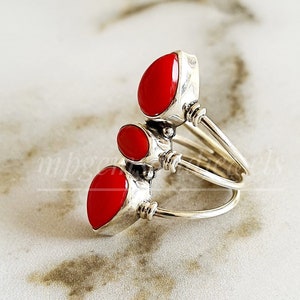 Coral Ring, Handmade Ring, Art deco Ring, 925 Sterling Silver  Statement Ring, Gemstone Ring, Boho Ring, Orangish Red Ring Dainty Ring gifts