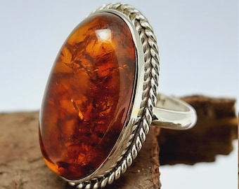 Amber Ring,Orange Cabochon Oval Ring Sterling Silver Ring,Amber Semi Precious Stone Ring,Engagement Gift For Her,Huge Ring,Handmade Ring