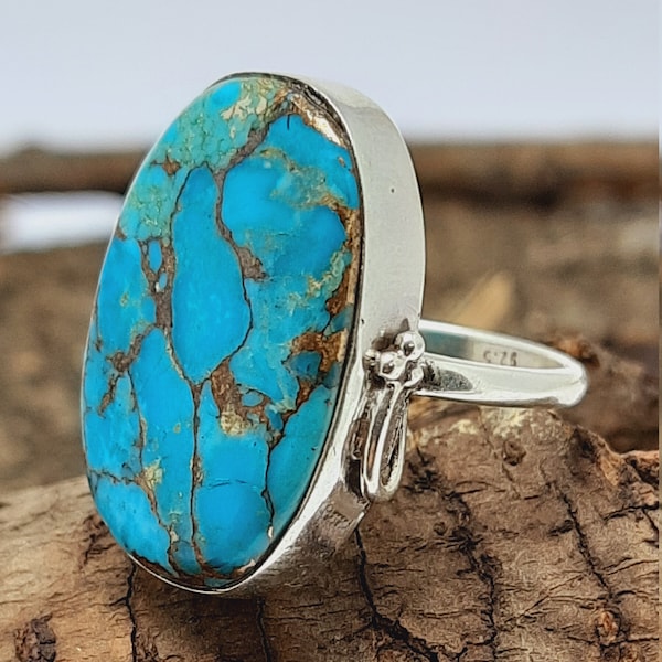 Bague turquoise en argent sterling, pierre turquoise bleue, bijoux ovales, bague tendance unique, bague de créateur, bague de décembre, vente de bijoux en argent