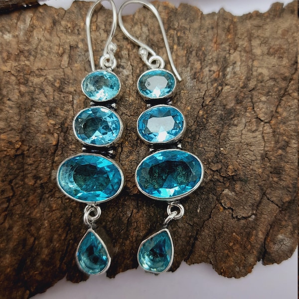 Garnet/Blue Topaz Silver Earring,Red Gemstone,925 sterling silver,Gemstone earring,Handmade Dangle,Blue earring,Gift for Her,Unique Jewelry,