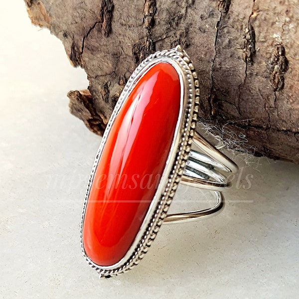 Red Coral Ring, 925 Sterling Silver Rings, 10x30 mm Long Oval Coral Ring, Women Rings, Coral Gemstone Ring, Valentine's Day Ring, Coral Ring