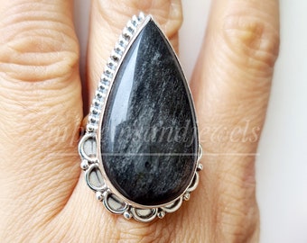Natural Obsidian Ring,925 Sterling Silver Ring, GOLDEN SHEEN