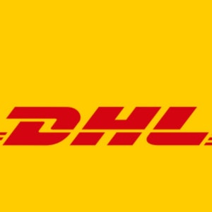 May include: The DHL logo features bold, red, sans-serif capital letters centred against a vibrant yellow background. Three horizontal red lines extend from the left side of the letter D and the right side of the letter L, creating a balanced design.