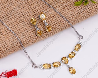 Natural Citrine Necklace Set, 925 Sterling Silver, Oval Gemstone Statement Proposal Jewelry