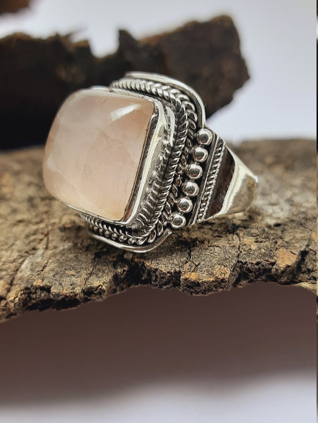 Bague en quartz rose, bagues vintage, bague en argent sterling 925