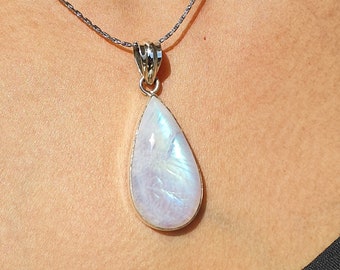 Natural Rainbow Moonstone Necklace*Blue flash Necklace*925 Sterling Silver Necklace*Handmade necklace*Pear shape pendant*FREE CHAIN*GIFT wow