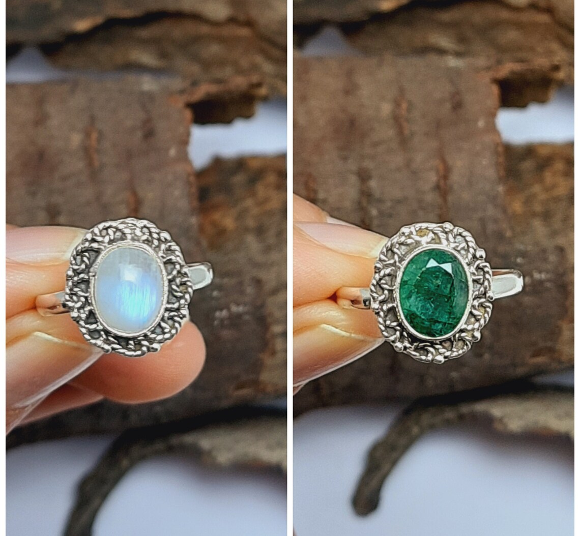 Rainbow Moonstone/green jade RingsCut Stone Ring Etsy