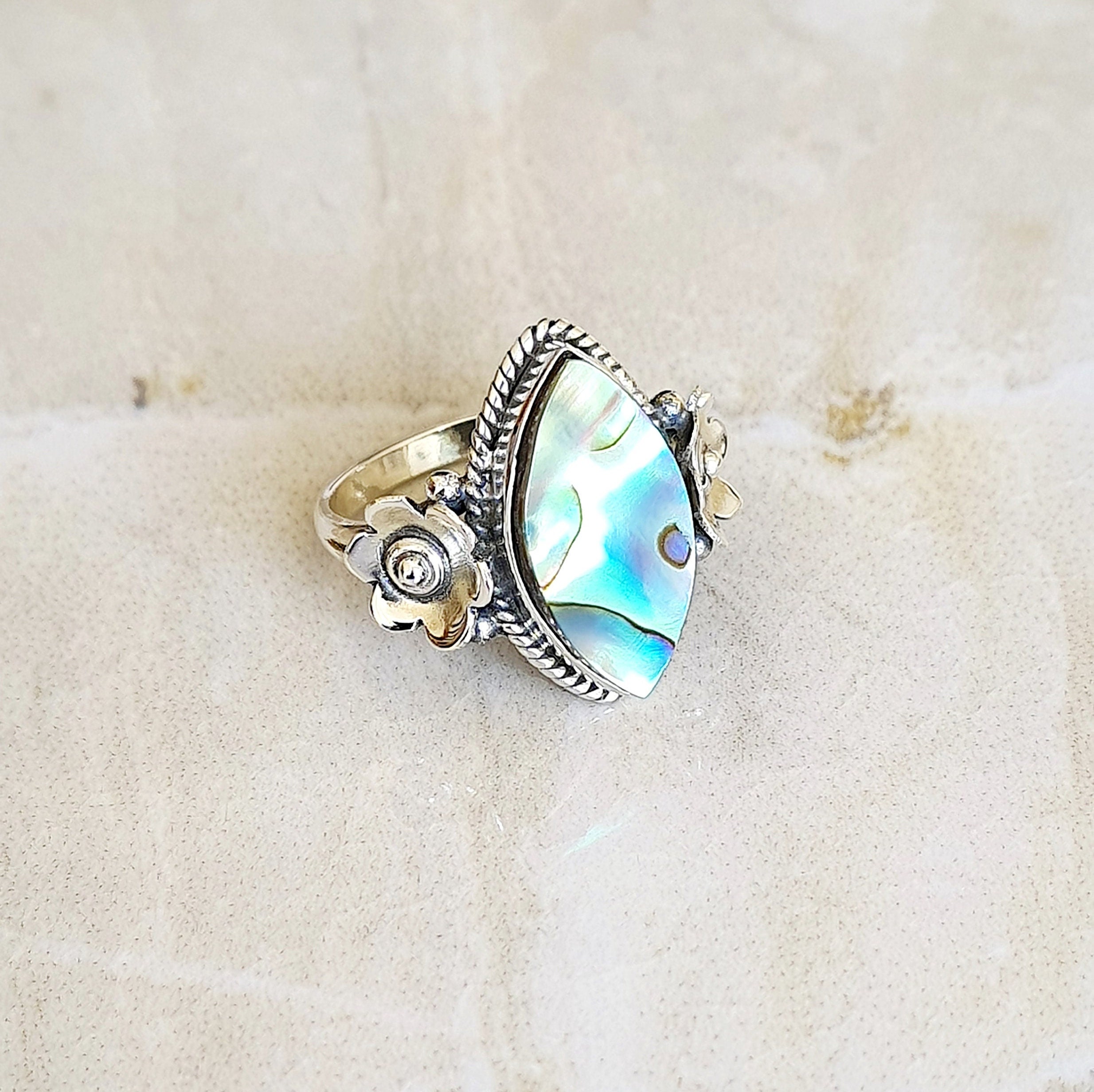 thumbnail image 2 of Abalone Shell Gemstone Ring – Handmade 925 Sterling Silver Adjustable Cocktail Ring 2 of 4