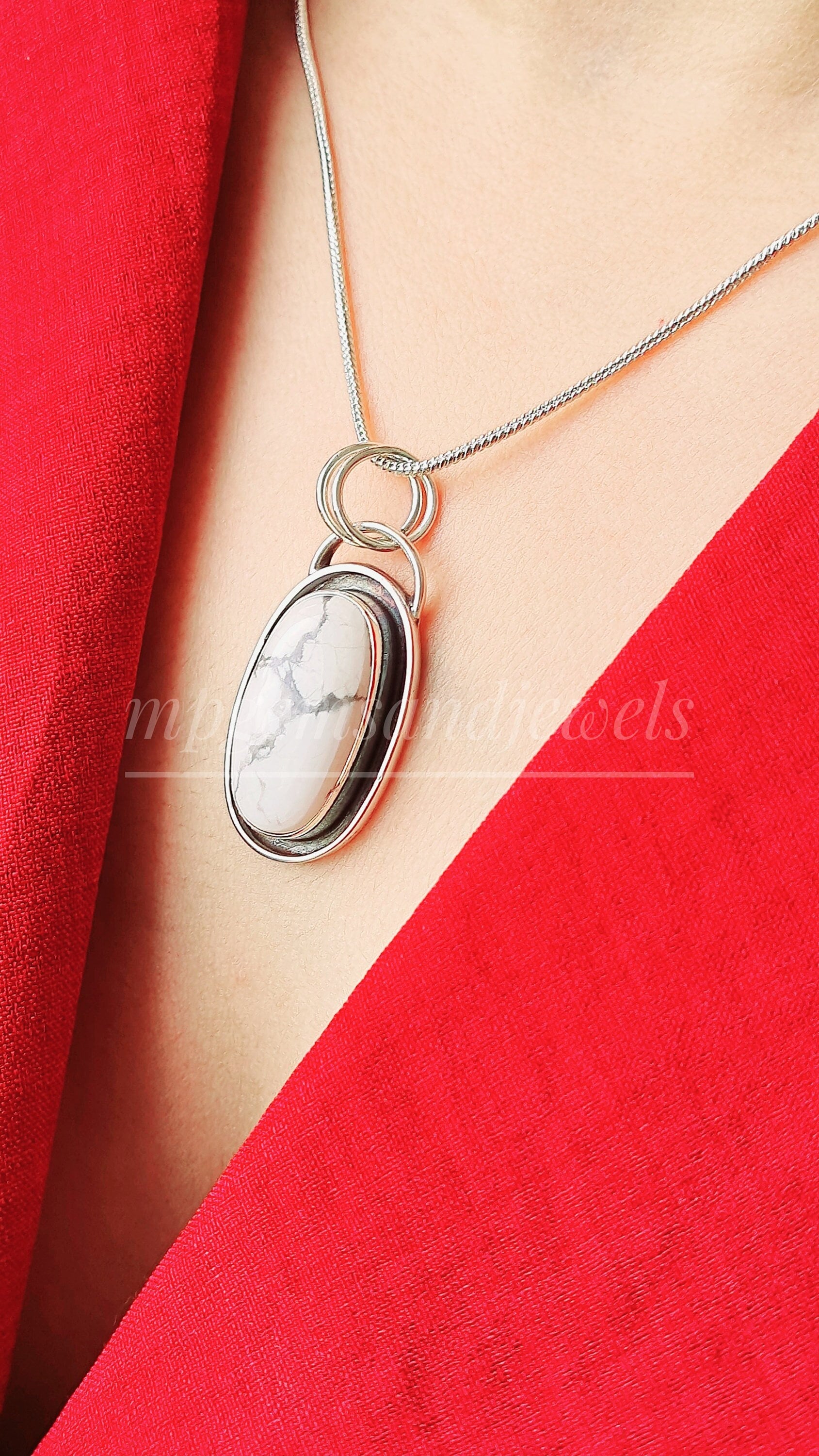 Howlite necklace white buffalo turquoise necklace 925 Solid Sterling Silver X mas gifts,Big Stone necklace for women Gift free chain pendant