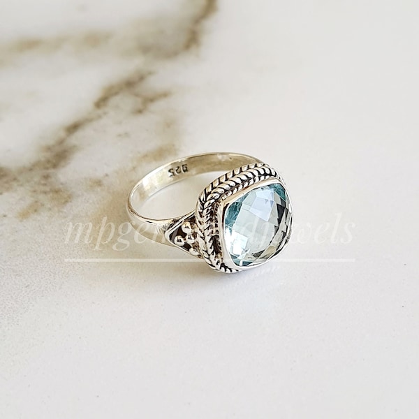 Aquamarine Ring-Aquamarine Engagement Ring-Aquamarine March Birthstone Filigree Ring-925 Sterling Silver Jewelry Ring-Cushion cut Ring-Gift