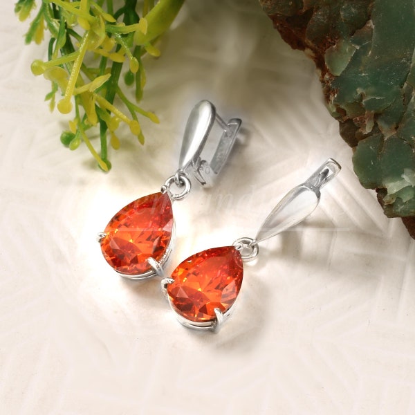 Spessartite Garnet  gemstone huggie dangling earring in silver,925 sterling silver dangles,gift for her,Fanta Color Garnet,Earring,Gift, Mom