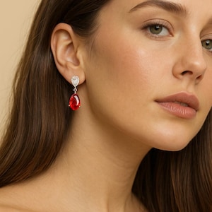 Orange white Topaz dangling earrings Teardrop Large bi-color imperial topaz, orange Red Art deco earrings, gift for her,925 sterling silver