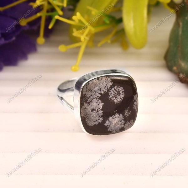 Anillo de obsidiana copo de nieve, joyería de piedras preciosas de plata de ley 925 *Regalo de aniversario* Anillo con forma de cojín
