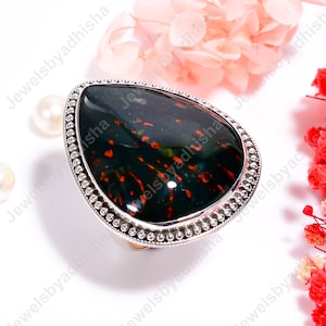 Natural Bloodstone Ring*Large Bloodstone Jewelry*925 Sterling Silver Ring*Art Deco Handmade Ring*Bloodstone Gemstone Jewelry*Gift For wife