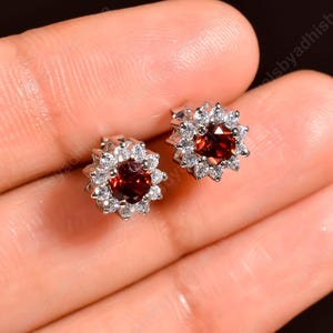 Natural Garnet Studs Earrings, 925 Sterling Silver Studs, Cluster Garnet Round Shape Studs, Garnet  Jewelry, Gift For Her, Girls Studs Tops
