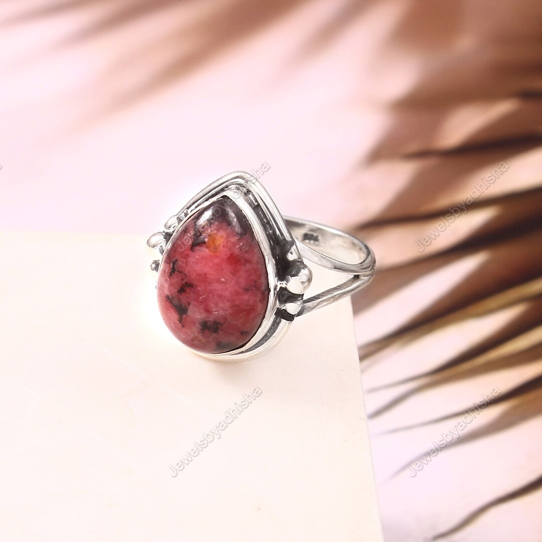 Natural Rhodonite Ring*pear Pink Gemstone Ring*925 Sterling Silver Ring ...