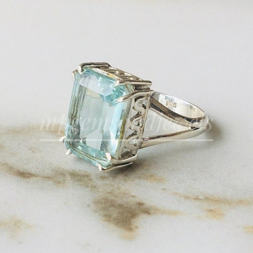 Bague aigue-marine brésilienne - Bijoux de fiançailles en filigrane solitaire en argent sterling taille émeraude