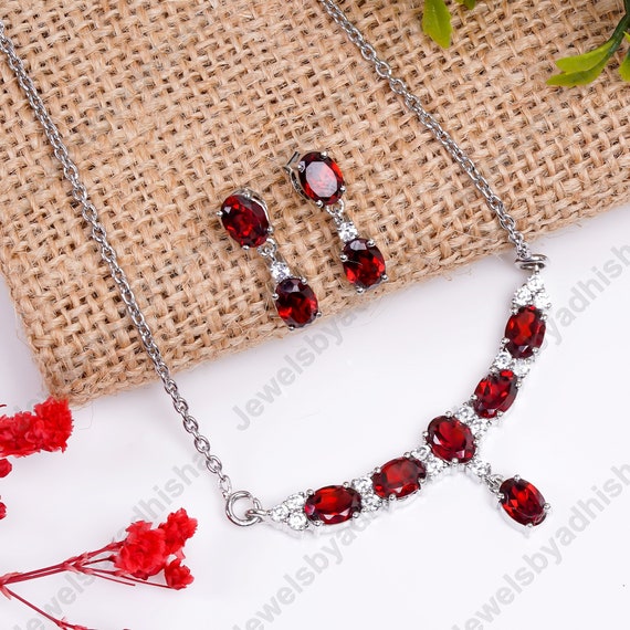 Collier En Argent Sterling 925 Avec Grenat Rouge Du Mozambique - Bijou Fait Main Réglable