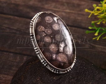 Natural Fossil Coral Ring, Big Oval Stone, 925 Sterling Silver Handmade Ring