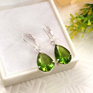 Natural Moldavite teardrop dangle earrings, green gemstone drop earrings, Art deco earrings ,gift for her, gift for mom,925 sterling silver