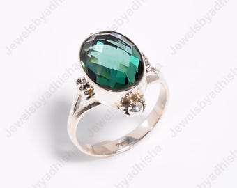 Green Amethyst Ring, 925 Sterling Silver, Art Deco Handmade Oval Gemstone Engagement Jewelry