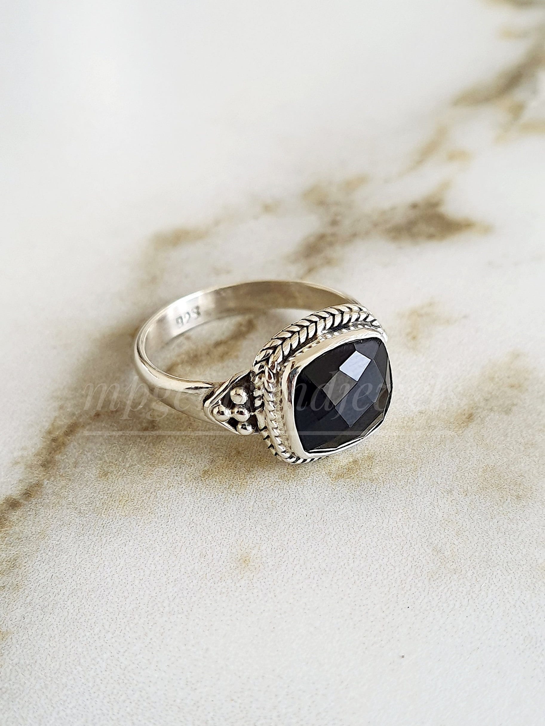 Black Onyx Ring, 925 Sterling Silver Ring, Cushion Cut Ring, Art Deco Black Ring, Proposal Ring, Engagement Ring, Rings, Gifts vintage rings