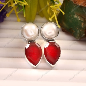 Natural Biwa Pearl Ruby Earrings-vintage earrings Teardrop Earring-925sterling Silver Earring-Gift For Girls- Earring-Dangle Earring-Jewelry