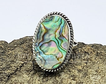 Large Abalone Shell Boho ring -Boho Statement Ring -Sterling Silver Ring - Hand Crafted Ring-Bohemian Ring - Rings -Gift for blue june ring