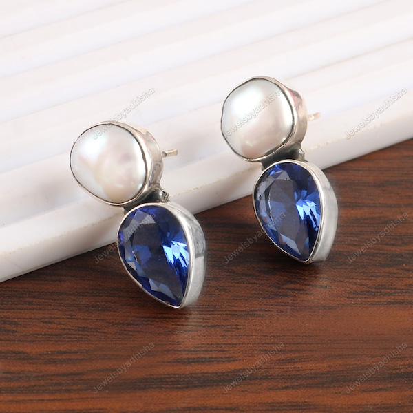 Natural Biwa Pearl Blue Sapphire Earrings-womens earrings 925 Sterling Silver Earring-Handmade Earrings-Engagement Earring- sapphire jewelry