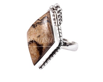 Handmade Diamond cut Picture Jasper Ring, Sterling Silver, Vintage Style