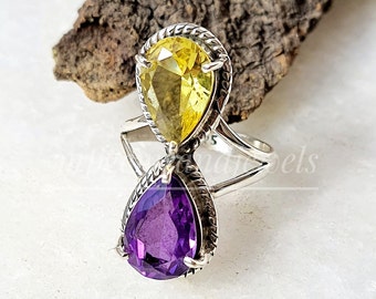 Amethyst Ring/ Citrine Ring *925 sterling Silver Ring *Two Stone Ring *Purple Ring *Yellow ring *Long&Large Ring*Beautiful ring*Gift For Her