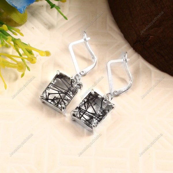 Black Rutile Quartz Earring, black rutilated quartz jewelry, 925 Sterling Silver ,Natural Gemstone, Art deco vintage earrings, gift for mom