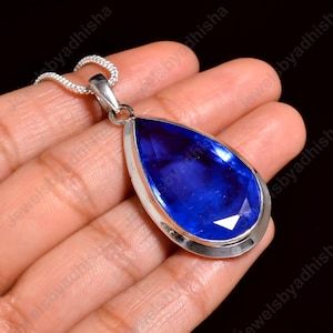 Blue Sapphire Necklace-Natural Blue Sapphire-925 Sterling Silver Necklace-Handmade Jewelry-Engagement Necklace-Necklace Pendant-gift For Her