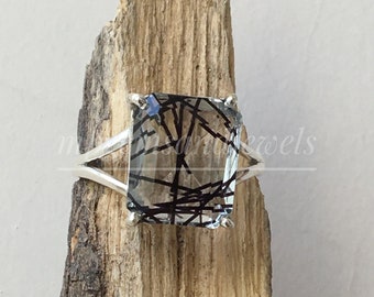 Natural Black Rutile Ring/Golden Rutile Quartz Rings Solitaire Ring-Vintage Rings Gift For Her-925 Solid Sterling Silver Ring handmade rings