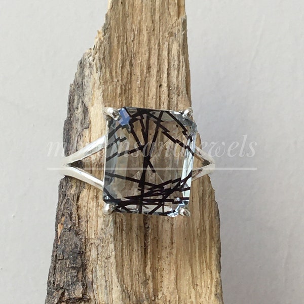Natürlicher schwarzer Rutilquarzring / goldener Rutilquarzring Solitärring-Vintage-Ringe Geschenk für Her-925 Massiv Sterlingsilber Ring handgemachte Ringe