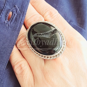 Natural Black Onyx Druzy Ring*Large long Black Onyx Ring*925 Sterling Silver Ring*Unique Ring*Black Onyx Jewelry*Statement Ring*Druzy Ring