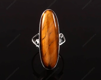 Natural Tiger Eye Long Oval Ring, Solid 925 Sterling Silver Gemstone Ring jewelry
