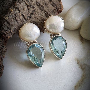 Natural Biwa Pearl Aquamarine teardrop dangle earring, gemstone earrings,gift for her, gift for girls,925 Sterling Silver Dangles aquamarine