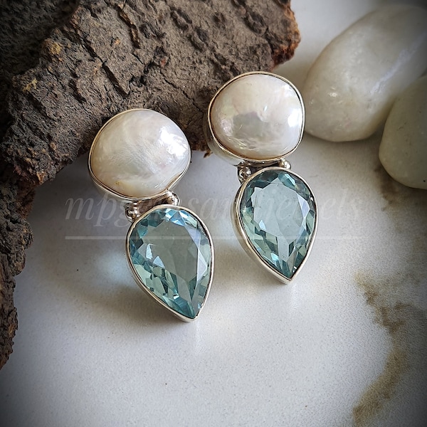 Natural Biwa Pearl Aquamarine teardrop dangle earring, gemstone earrings,gift for her, gift for girls,925 Sterling Silver Dangles aquamarine