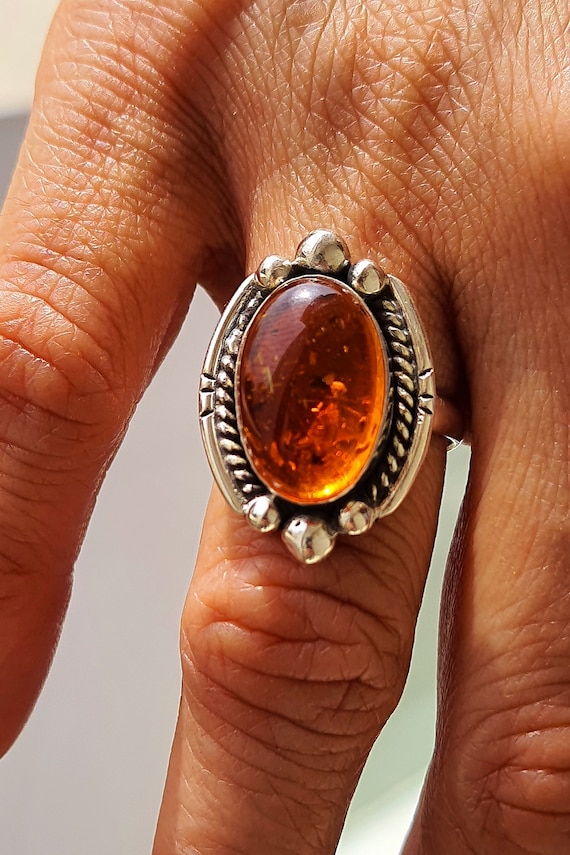アクセサリー SILVER 925 shaped amber ring vintage Vintage S925 Silver Wide Ring Natural Resin Amber Women's