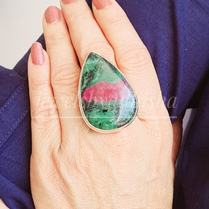 Natural Ruby Zoisite Ring ,925 Sterling Silver Ring, Rare to Find Large Long Ring, Green Red Ruby Zoisite, Handmade Ring, Wedding Ring, Gift