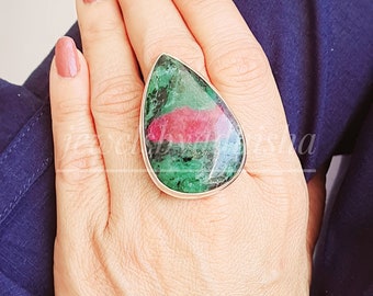 Natürlicher Rubin Zoisit Ring, 925 Sterling Silber Ring, selten zu finden, Großer Langer Ring, Grün Roter Rubin Zoisit, Handgemachter Ring, Ehering, Geschenk