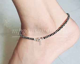 925 Sterling Silver Ankle&Hand Bracelet-Black Beaded Anklet-Black Silver Beaded hand bracelet-Adjustable Feet/Hand bracelet-Unisex Anklet