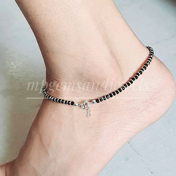 925 Sterling Silver Ankle&Hand Bracelet-Black Beaded Anklet-Black Silver Beaded hand bracelet-Adjustable Feet/Hand bracelet-Unisex Anklet